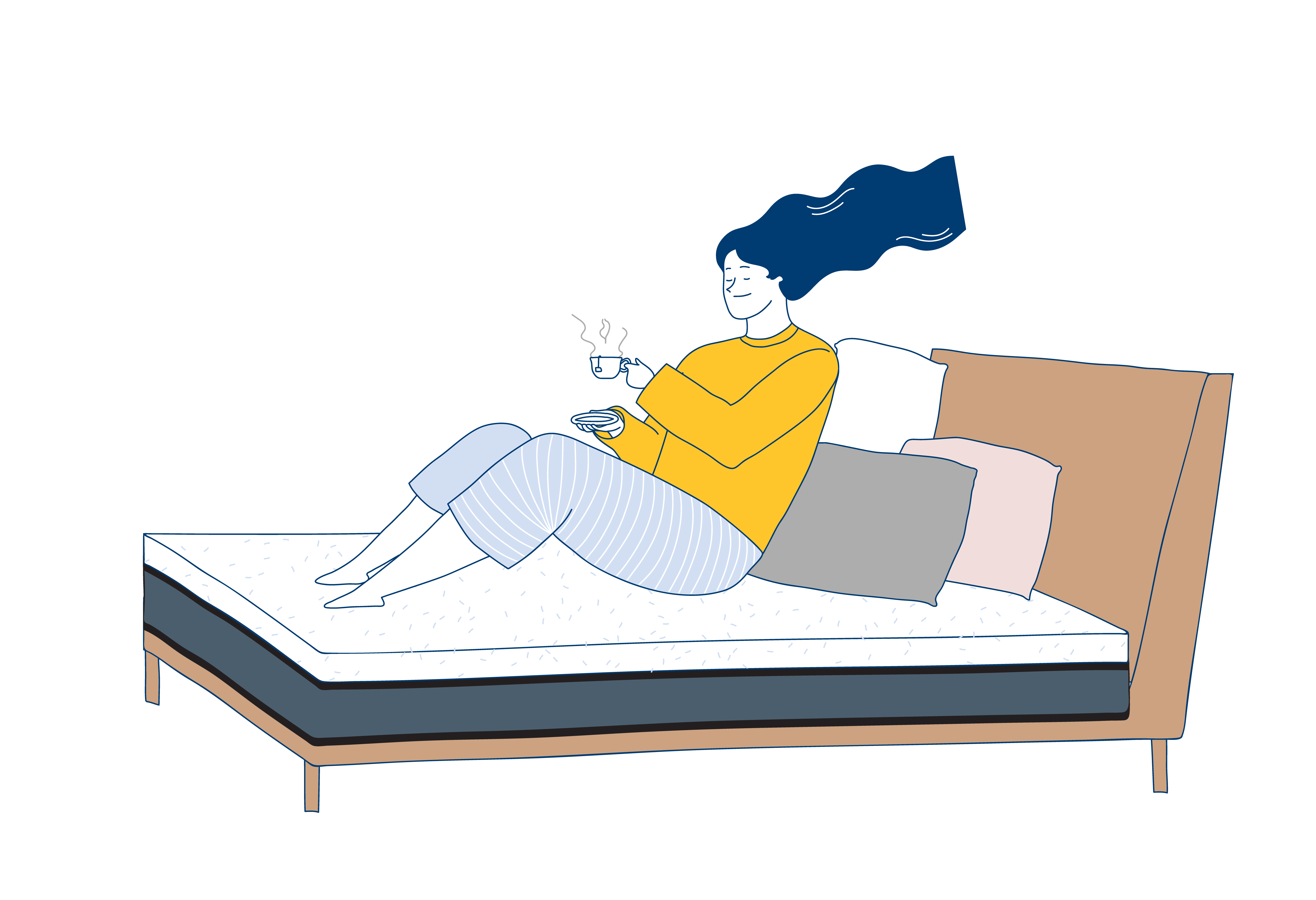 Cartoon image of a person drinking tea in bed