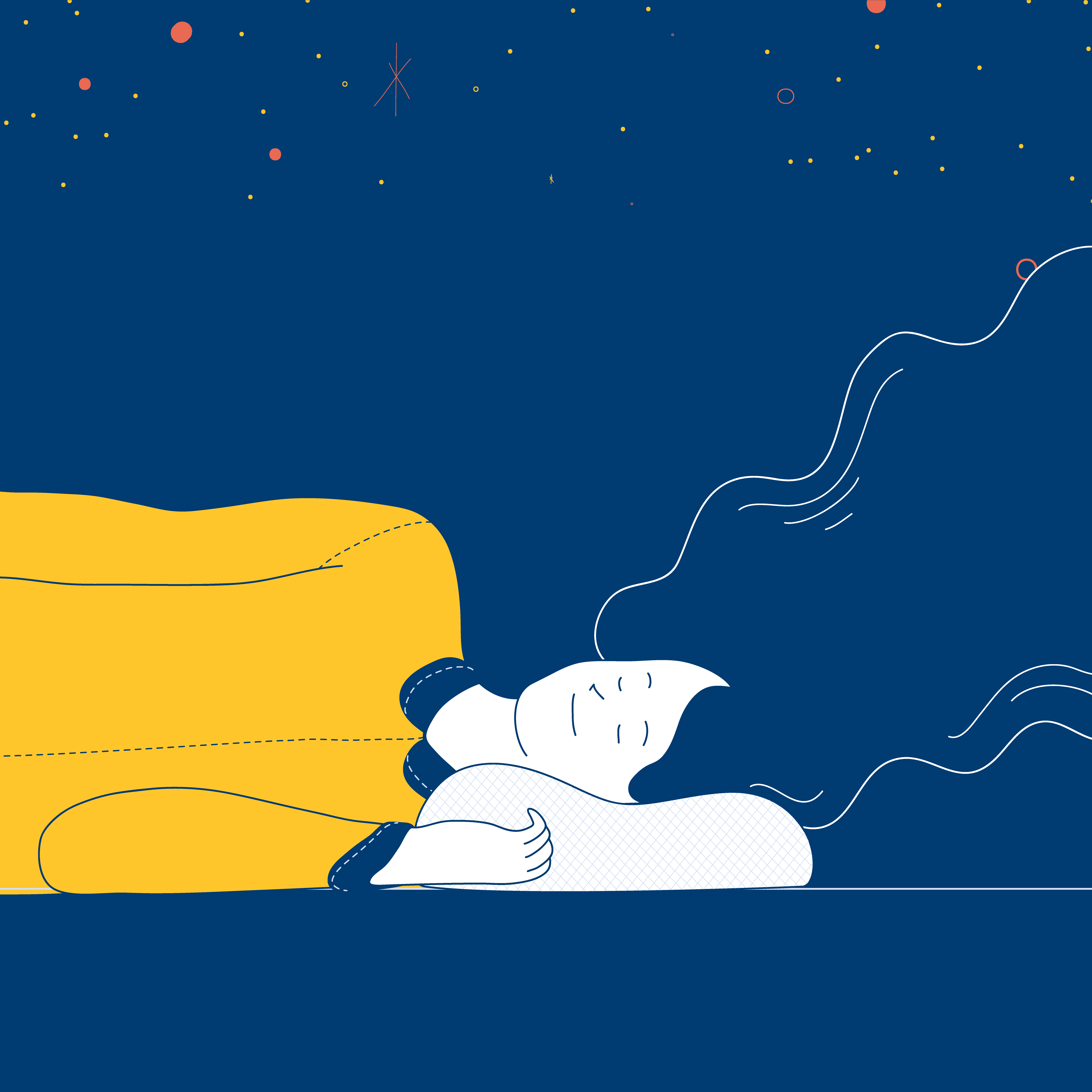 Illustration of a person sleeping, with the stars above them